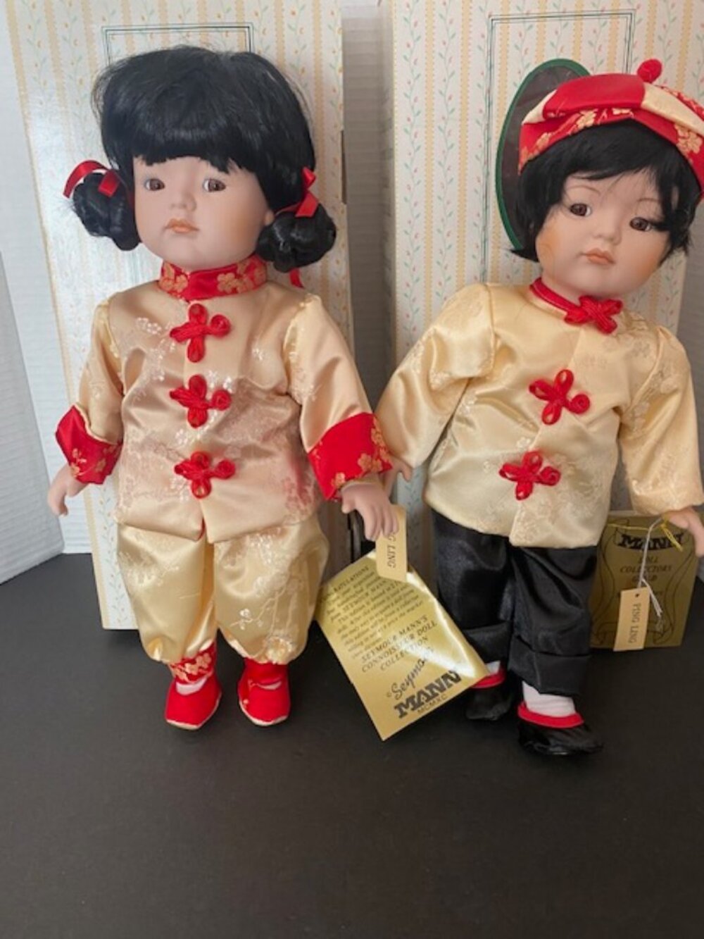 1990 SEYMOUR MANN Hand Painted Asian "LING LING" & "Ping-Ping" Porcelain Dolls